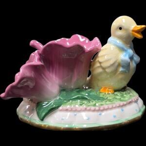 Vintage Porcelain Duck Figurine Candle Holder with Blue Bow and Gold Trim